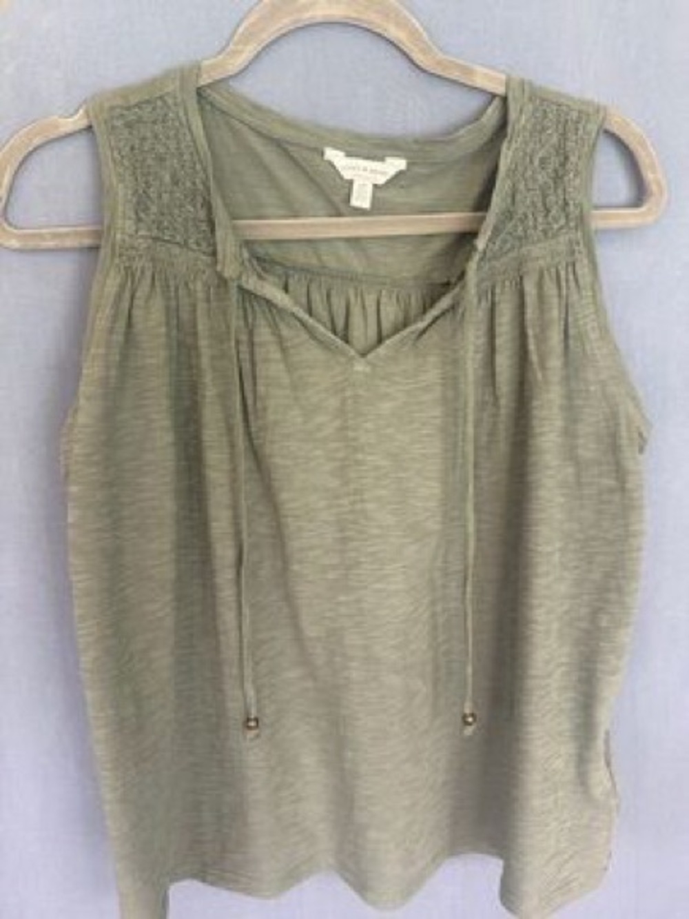 T.J.Maxx Olive Crochet Yoke Tie-Front Sleeveless Top